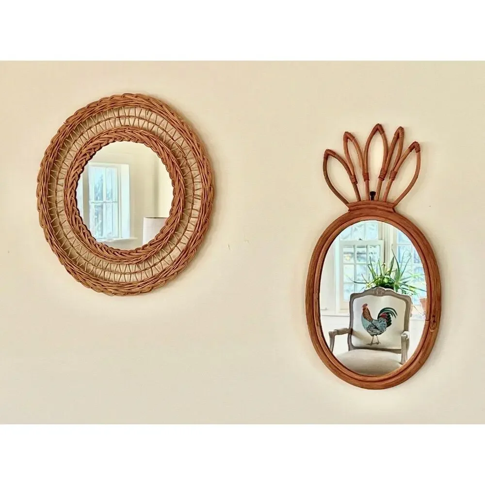 Vintage French Rattan Bamboo Pineapple Mirror 60s Natural Handmade Chic Boho
